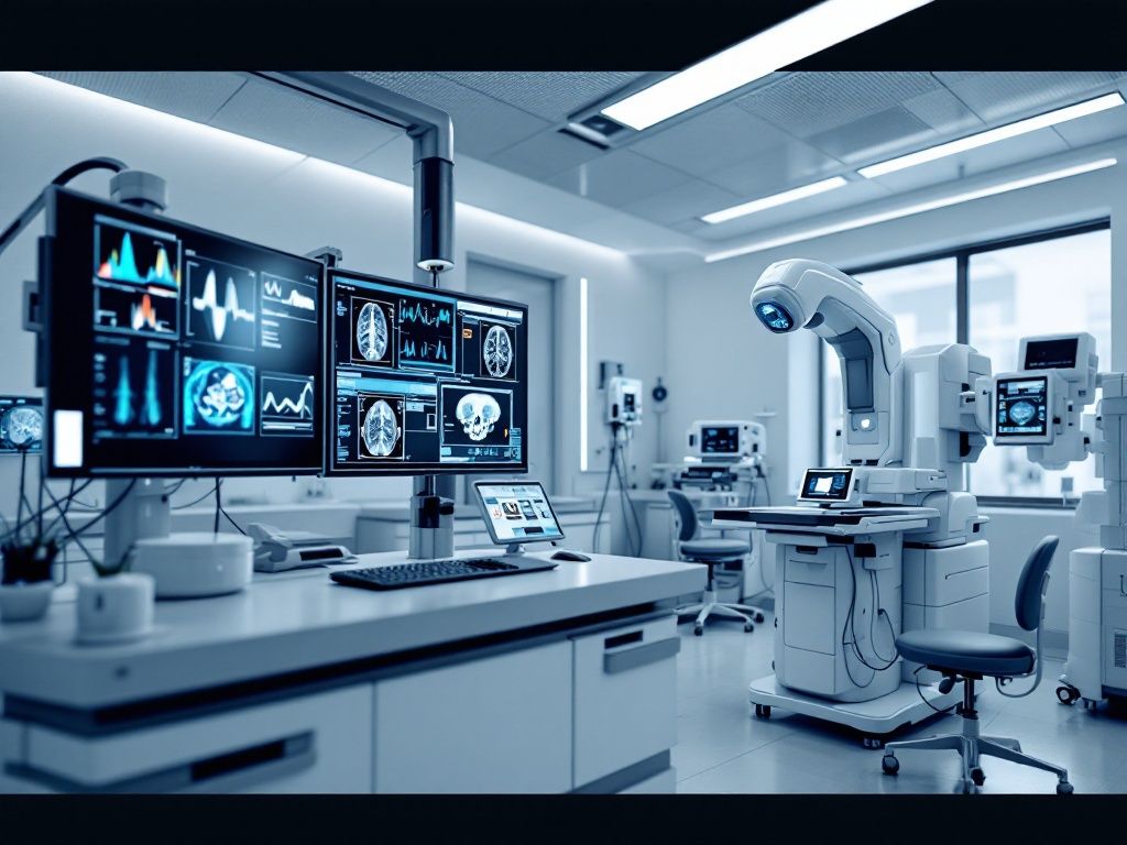 A photorealistic shot capturing a modern medical laboratory with advanced AI-powered diagnostic equipment. The scene shows a clean, well-lit room with high-tech machines and computer screens displaying complex medical data and images.