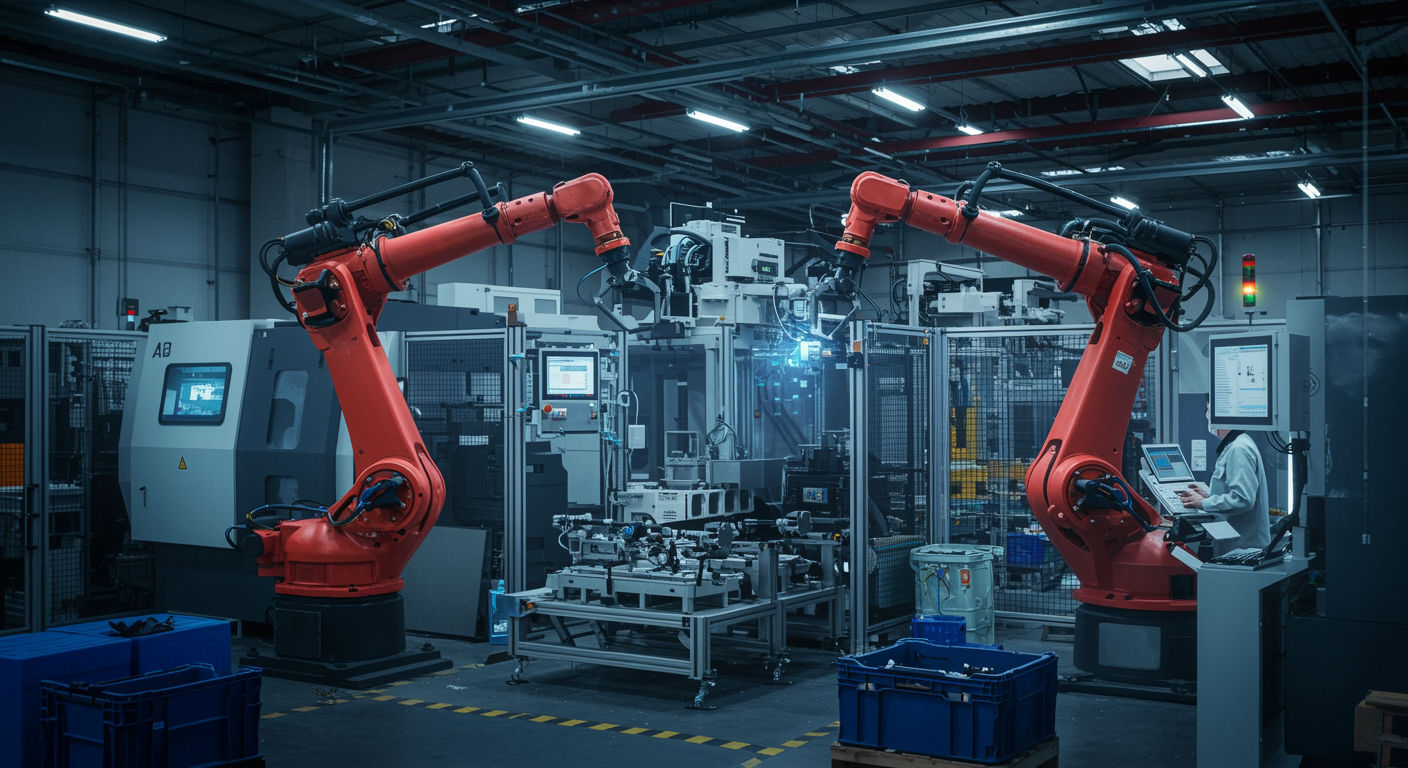 A photorealistic shot capturing a modern factory floor with advanced robotic arms and AI-powered machinery performing automated tasks. The scene shows a contrast between the high-tech equipment and a lone human worker overseeing the operations, symbolizing the changing nature of work in the age of AI.