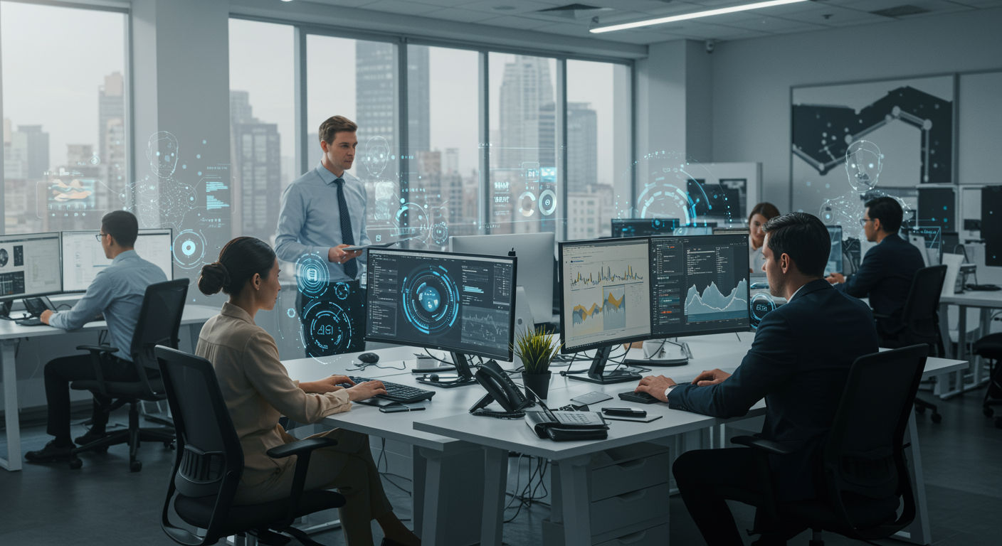 A photorealistic shot capturing a modern office space with a diverse group of professionals working alongside AI-powered virtual assistants and data visualization screens. The scene shows a harmonious blend of human expertise and advanced technology, illustrating the evolving nature of work in the AI era.
