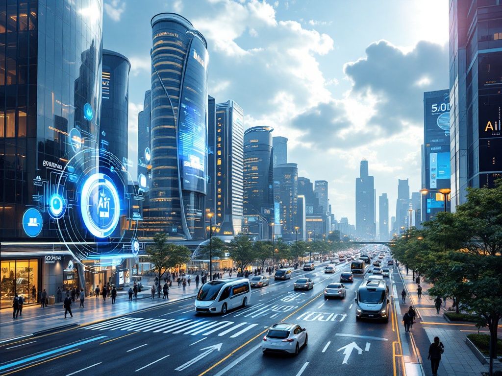 A photorealistic shot capturing a futuristic cityscape with advanced AI-powered infrastructure. The scene shows sleek, energy-efficient buildings, autonomous vehicles navigating clean streets, and holographic displays providing real-time information to pedestrians. The overall atmosphere conveys a harmonious blend of technology and sustainable urban living.