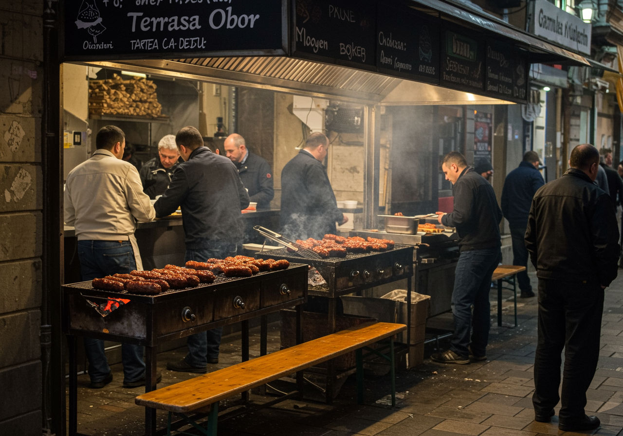 A photorealistic shot capturing the bustling atmosphere of Terasa Obor in Bucharest, showing grills filled with sizzling mici, customers waiting in line, and the simple wooden furniture characteristic of the place