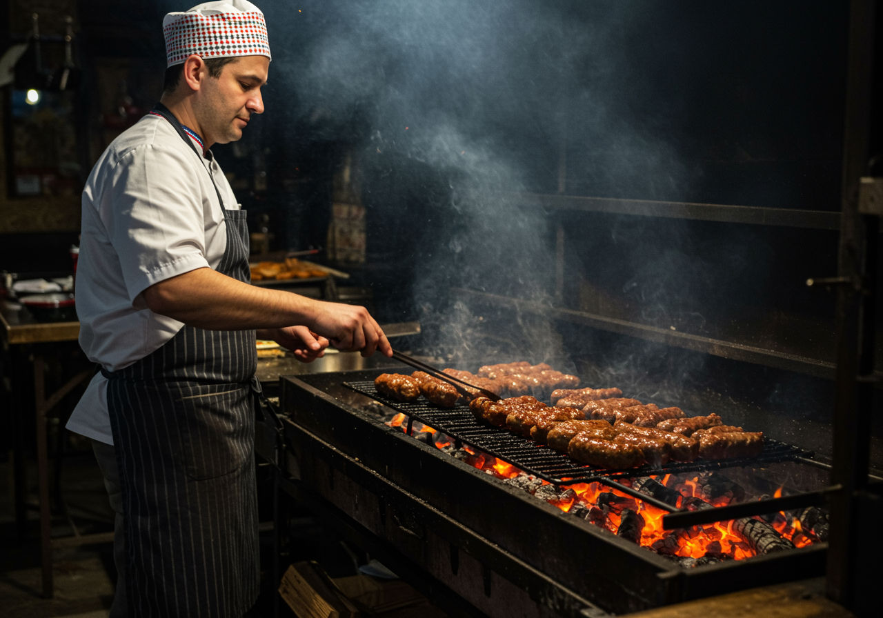 A photorealistic shot capturing a skilled grill master preparing mici on a traditional wood-fired grill, with visible smoke and flames, showcasing the art of grilling these Romanian delicacies