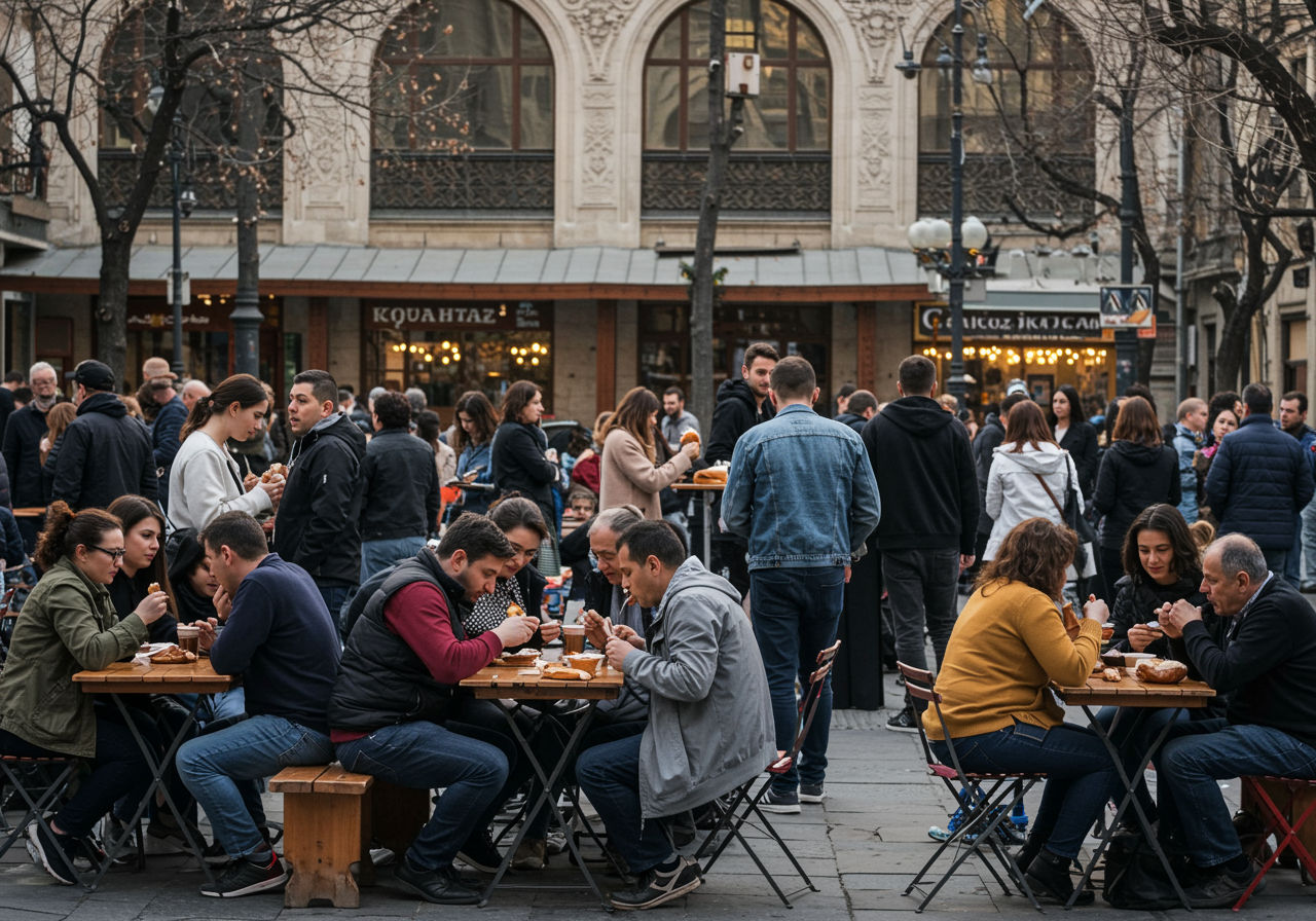 A photorealistic shot capturing a lively outdoor scene in Bucharest with people enjoying mici at various famous locations, showcasing the social and cultural aspect of this culinary tradition