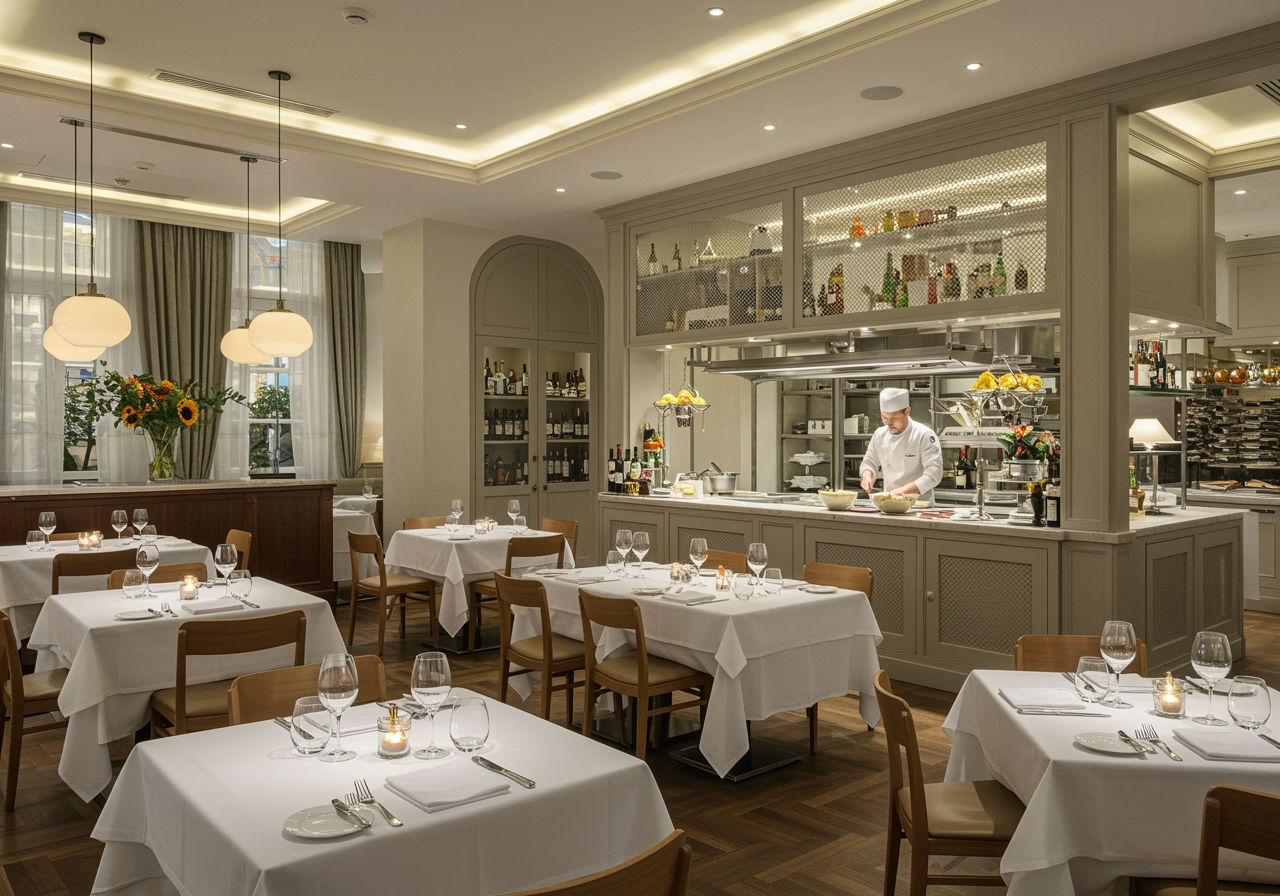 A photorealistic shot capturing an elegant interior of a fine dining Italian restaurant in Bucharest, with soft lighting, white tablecloths, and a chef preparing fresh pasta at an open kitchen station visible to diners