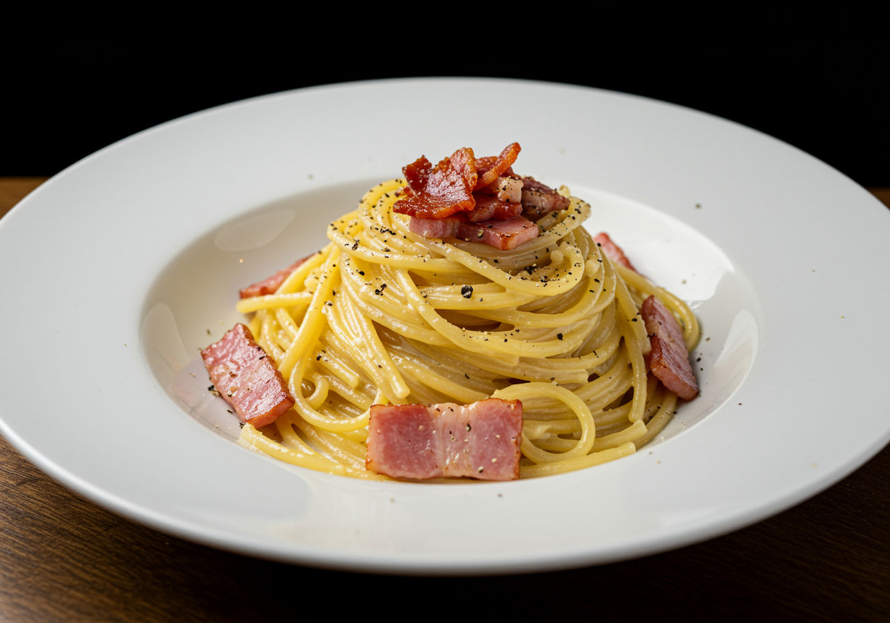 A photorealistic shot capturing a beautifully plated dish of Spaghetti Carbonara, with perfectly cooked pasta coated in a creamy egg sauce, sprinkled with crispy guanciale and freshly ground black pepper