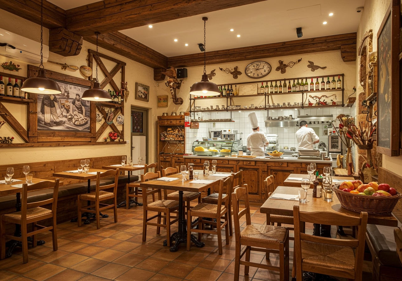 A photorealistic shot capturing the interior of a cozy Italian restaurant in Bucharest, with warm lighting, rustic decor, and a visible pasta-making station where chefs are preparing fresh pasta