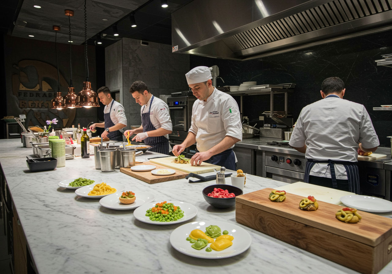 A photorealistic shot capturing a modern Italian restaurant kitchen in Bucharest, with chefs preparing various innovative pasta dishes using a mix of traditional techniques and modern culinary equipment