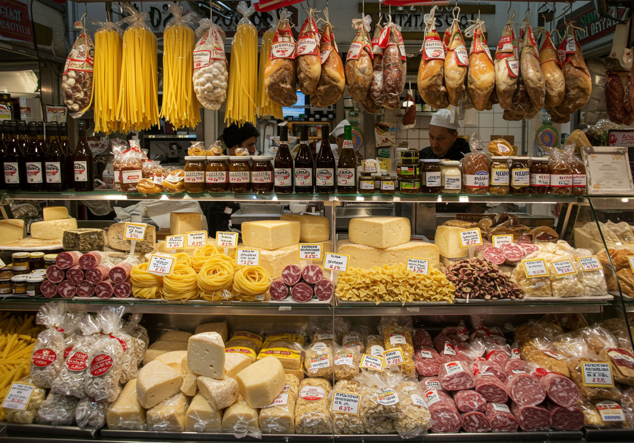 A photorealistic shot capturing a bustling Italian food market in Bucharest, with stalls displaying a wide variety of fresh pasta, Italian cheeses, cured meats, and other authentic ingredients used in top pasta restaurants