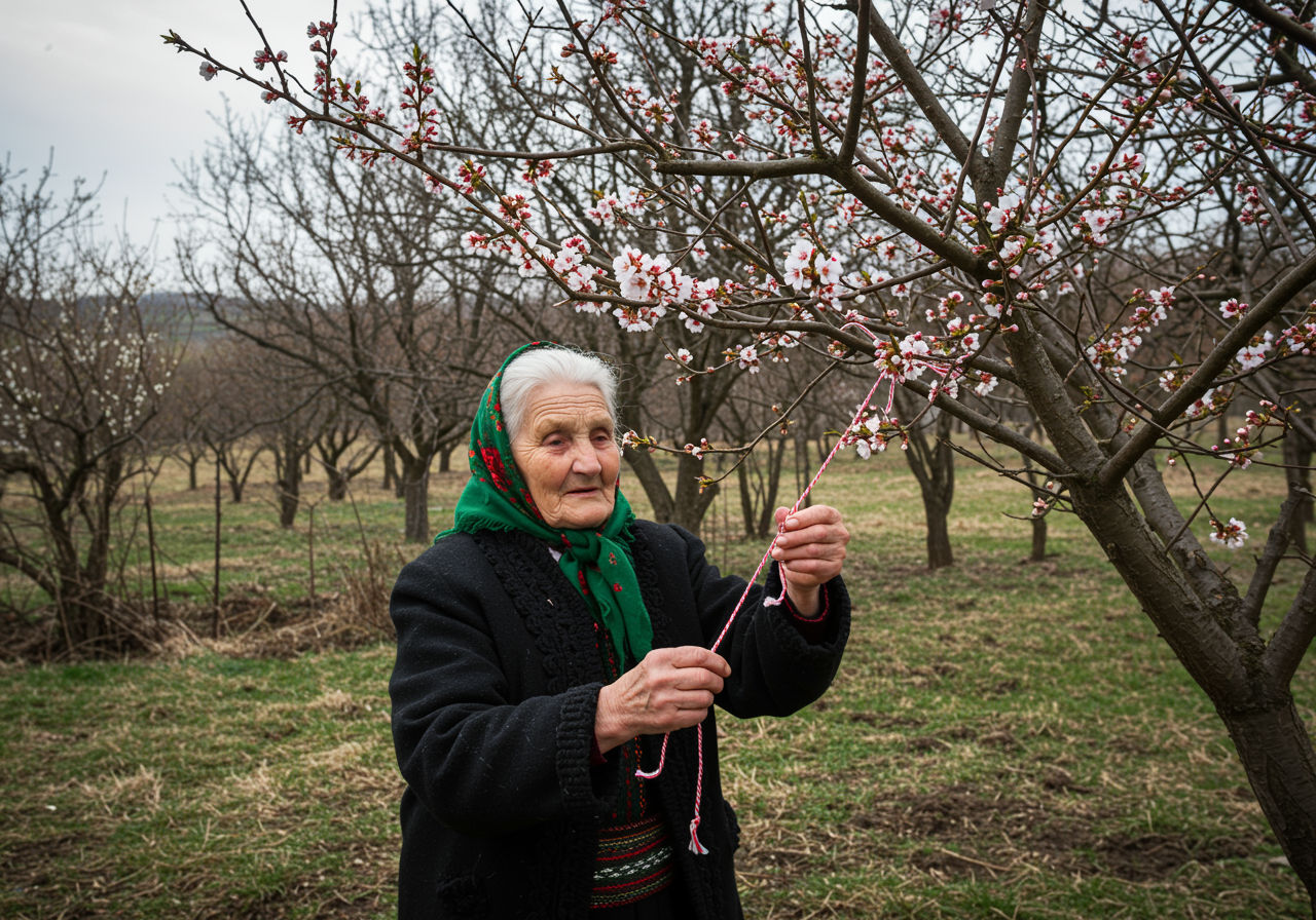 A photorealistic shot capturing a traditional Romanian scene with an elderly woman tying a red and white string (martisor) to a blossoming tree branch, symbolizing the arrival of spring